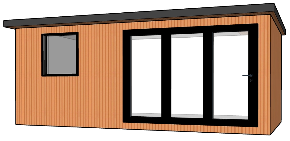 A compact, modern garden room with clean lines, featuring a flat roof, warm-toned vertical cladding, Bi-Folding doors, and a small side window for added natural light.