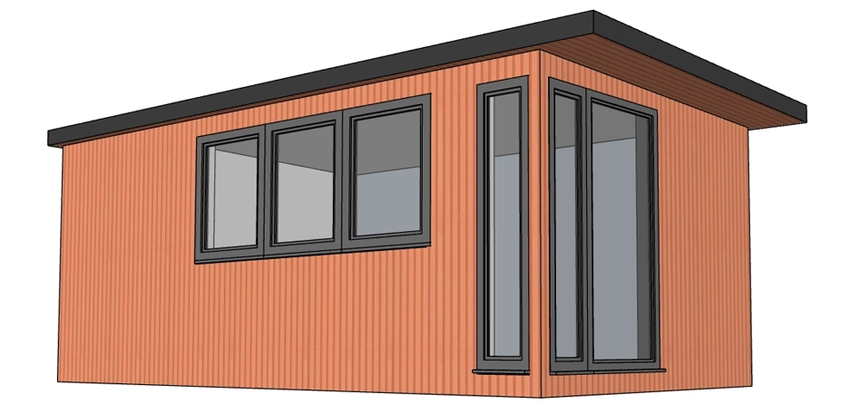 A contemporary corner-style garden building with storage. Incorporating large windows to the front and side access door, designed to maximise light and provide panoramic outdoor views.