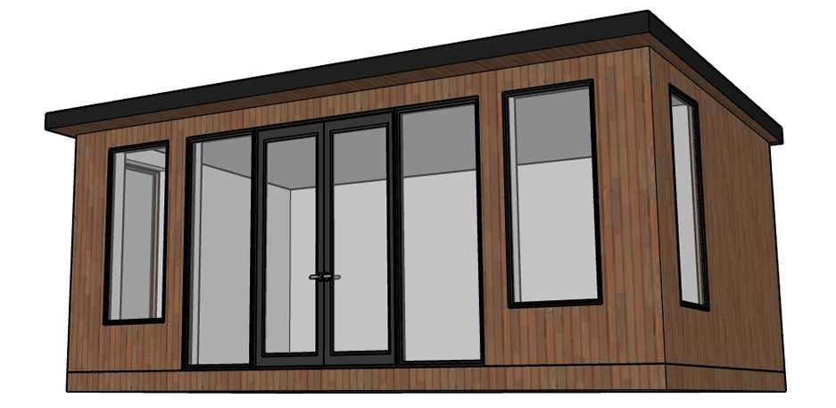 A stylish timber-clad garden room with a natural wood finish, incorporating full-height windows across the front and side, and French patio doors with side lights creating a bright and open interior feel.