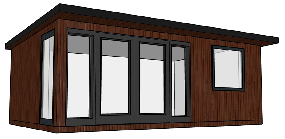 A sleek, dark-finished garden room with a bold, modern aesthetic, featuring large front-facing glass panels and a contrasting single side window for a balanced design.