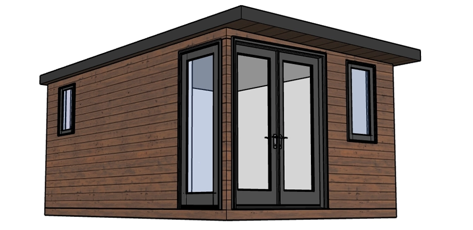 A modern garden room with horizontal timber cladding, featuring a flat roof, offset double glass doors, and side elevation windows for a sleek and picture window for a balanced look.