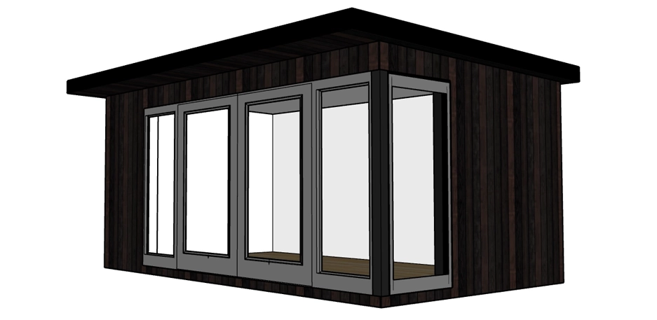 A bold, contemporary garden building with dark cladding and large french patio doors with side lights and side elevation window, offering floor-to-ceiling windows that create a bright, open space with a striking modern finish.
