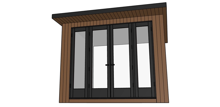 A stylish front-facing garden room design with angled cladding detail around the facade, incorporating wide bi-fold style doors to maximise light and accessibility.